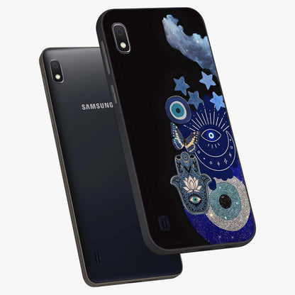Galactic Charm Cluster Glass Case displayed in angled mockup highlighting luminous galaxy inspired design with dreamy aesthetic.