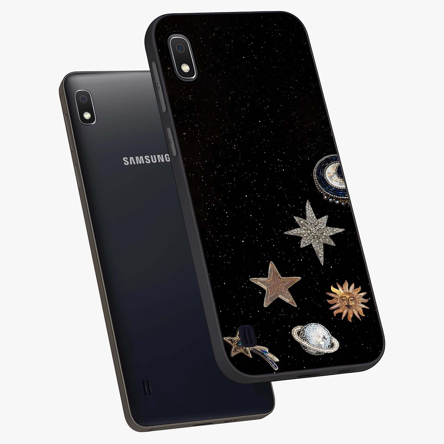 Galactic Charm Glow Glass Case displayed in angled mockup highlighting luminous galaxy inspired design with dreamy aesthetic.