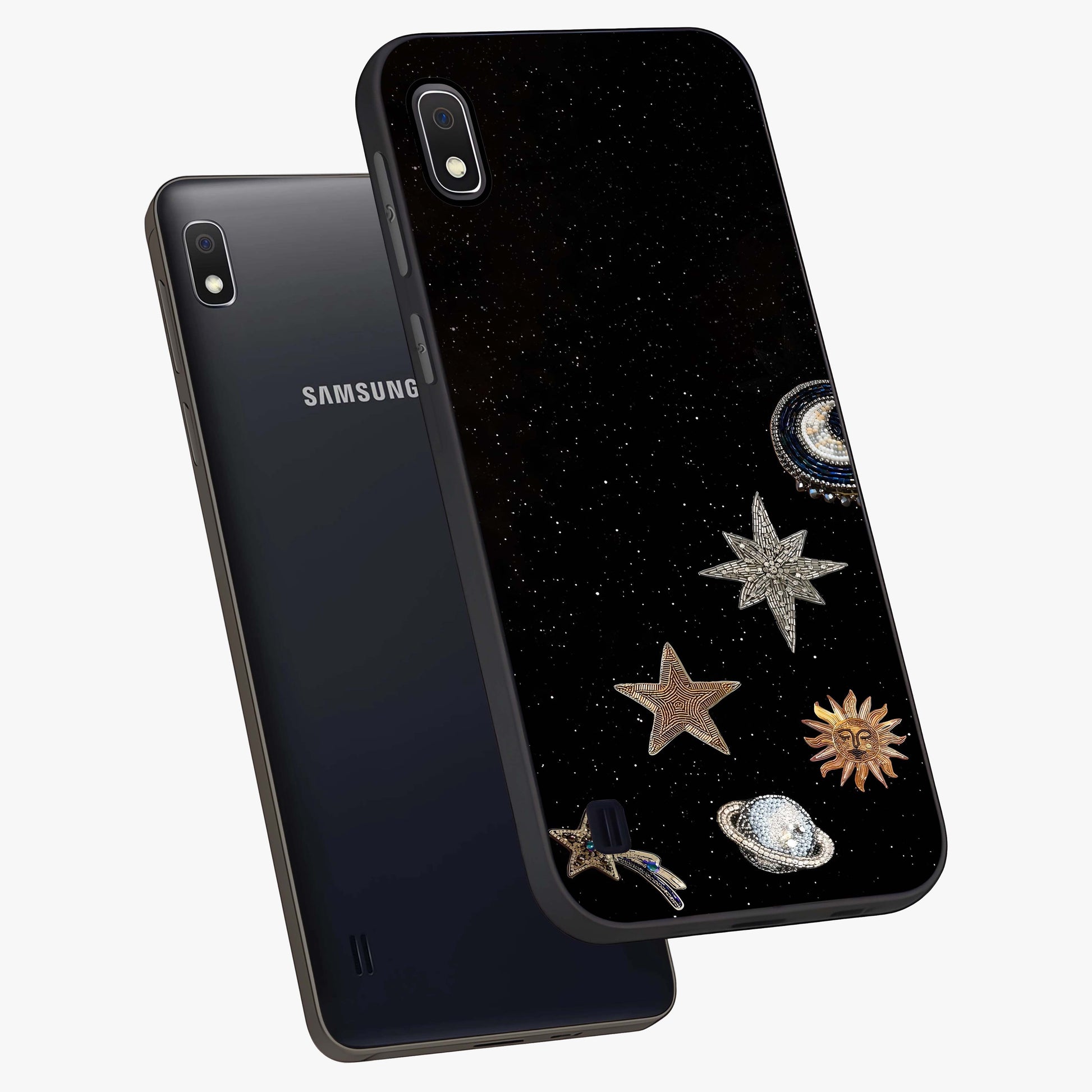 Galactic Charm Glow Glass Case displayed in angled mockup highlighting luminous galaxy inspired design with dreamy aesthetic.