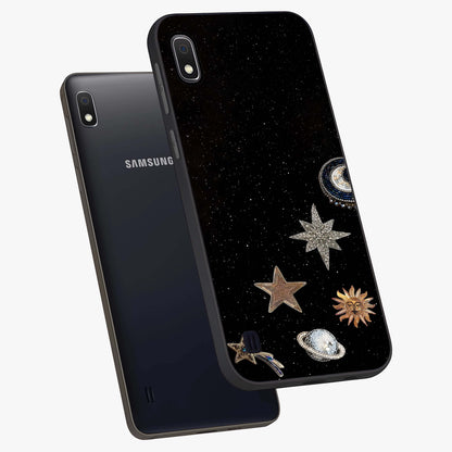 Galactic Charm Glow Glass Case displayed in angled mockup highlighting luminous galaxy inspired design with dreamy aesthetic.