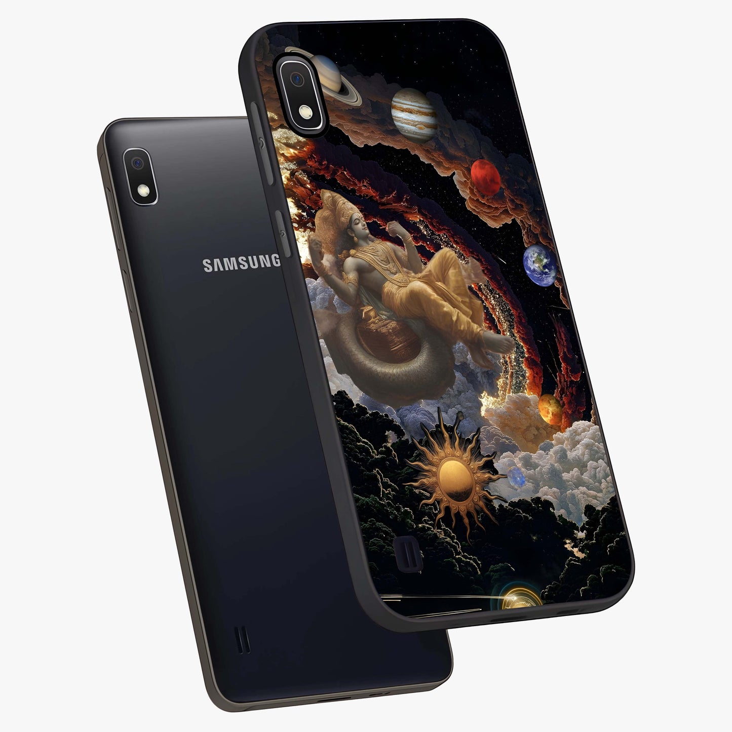 Galactic Divine God Glass Case displayed in angled mockup highlighting powerful celestial deity illustration with galactic aesthetic.