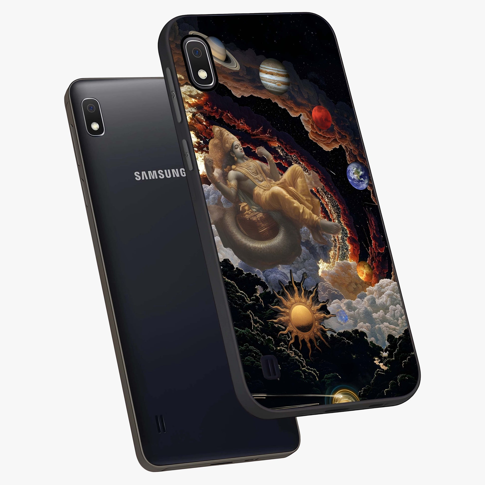 Galactic Divine God Glass Case displayed in angled mockup highlighting powerful celestial deity illustration with galactic aesthetic.