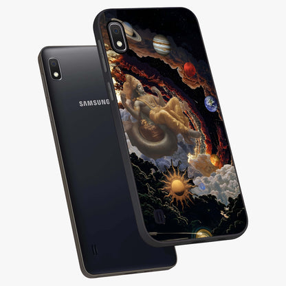 Galactic Divine God Glass Case displayed in angled mockup highlighting powerful celestial deity illustration with galactic aesthetic.