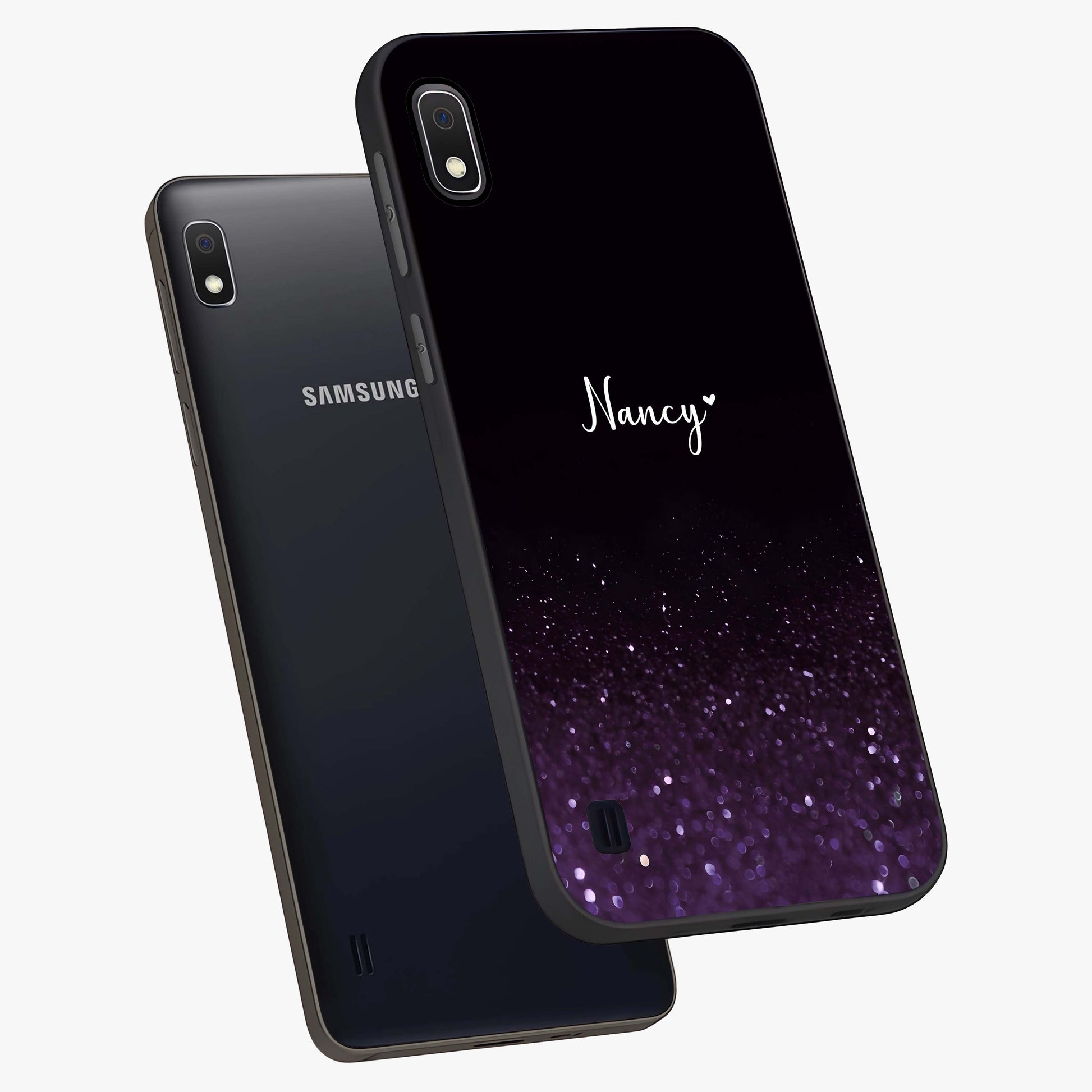 Glittery Purple Bokeh Custom Name Glass Case displayed in angled mockup highlighting glitter bokeh pattern with custom name feature.
