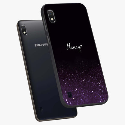 Glittery Purple Bokeh Custom Name Glass Case displayed in angled mockup highlighting glitter bokeh pattern with custom name feature.