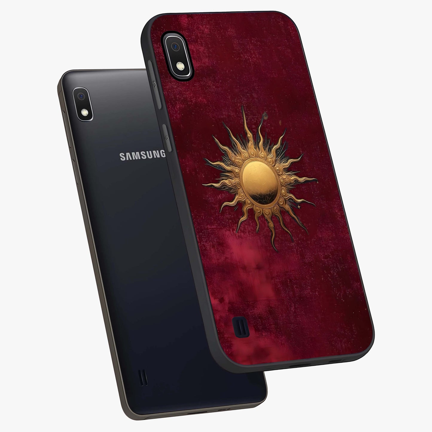 Golden Sun Minimalism Glass Case displayed in angled mockup highlighting clean sun symbol design with modern minimal aesthetic.