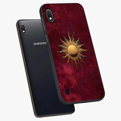 Golden Sun Minimalism Glass Case displayed in angled mockup highlighting clean sun symbol design with modern minimal aesthetic.
