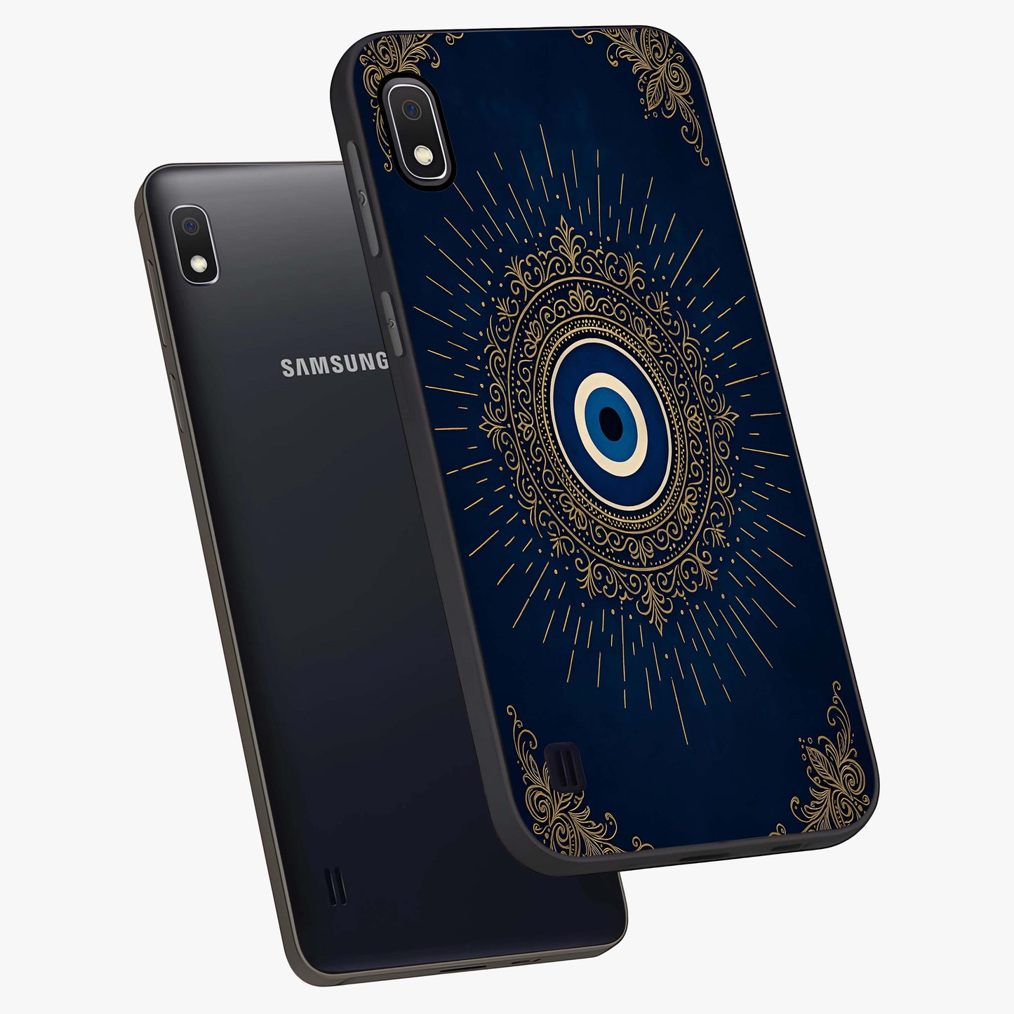 Golden Celestial Charm Glass Case displayed in angled mockup highlighting sparkling cosmic charm design with celestial aesthetic.