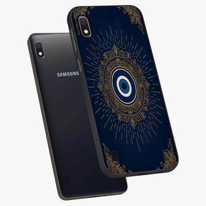 Golden Celestial Charm Glass Case displayed in angled mockup highlighting sparkling cosmic charm design with celestial aesthetic.
