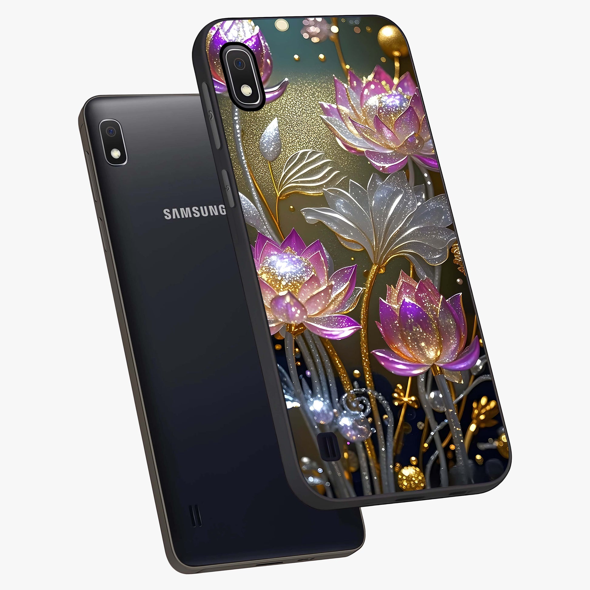 Golden Floral Majesty Glass Case displayed in angled mockup highlighting elegant flower design with royal golden aesthetic.