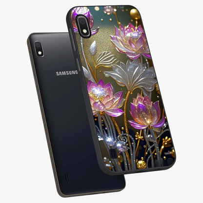 Golden Floral Majesty Glass Case displayed in angled mockup highlighting elegant flower design with royal golden aesthetic.