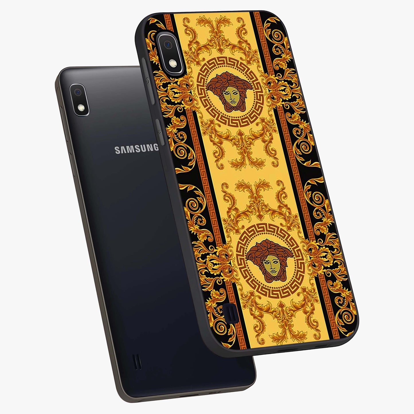 Golden Lotus Glow Glass Case displayed in angled mockup highlighting radiant lotus illustration with spiritual aesthetic.