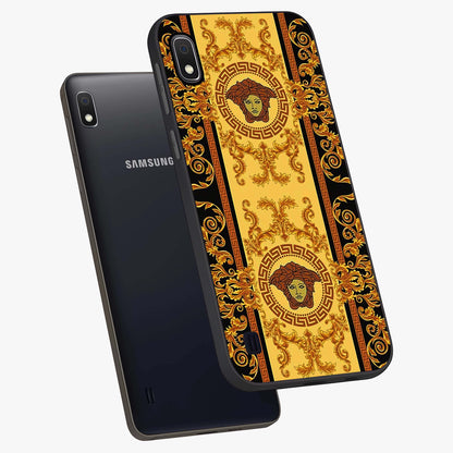 Golden Lotus Glow Glass Case displayed in angled mockup highlighting radiant lotus illustration with spiritual aesthetic.