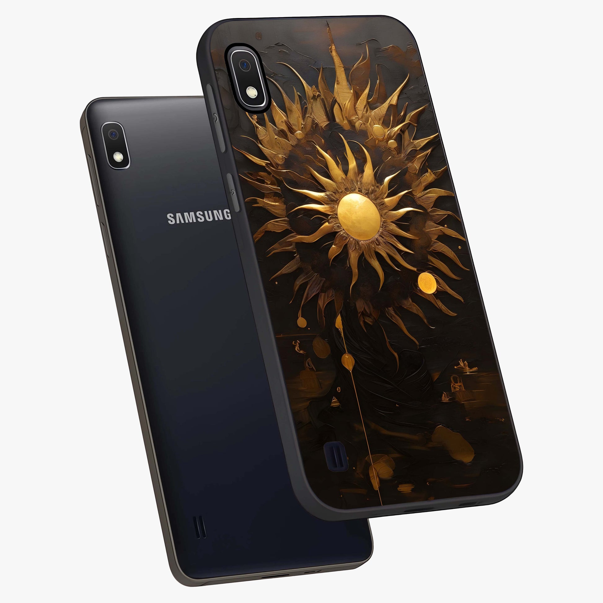 Golden Sun Majesty Glass Case displayed in angled mockup highlighting eerie shadow illustration with gothic aesthetic.