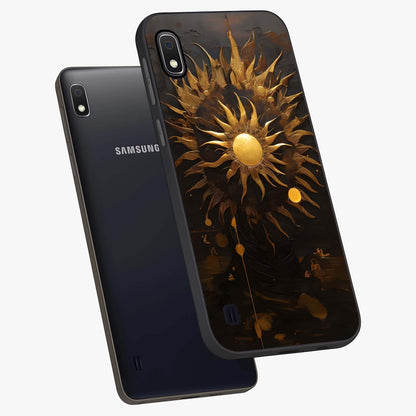 Golden Sun Majesty Glass Case displayed in angled mockup highlighting eerie shadow illustration with gothic aesthetic.