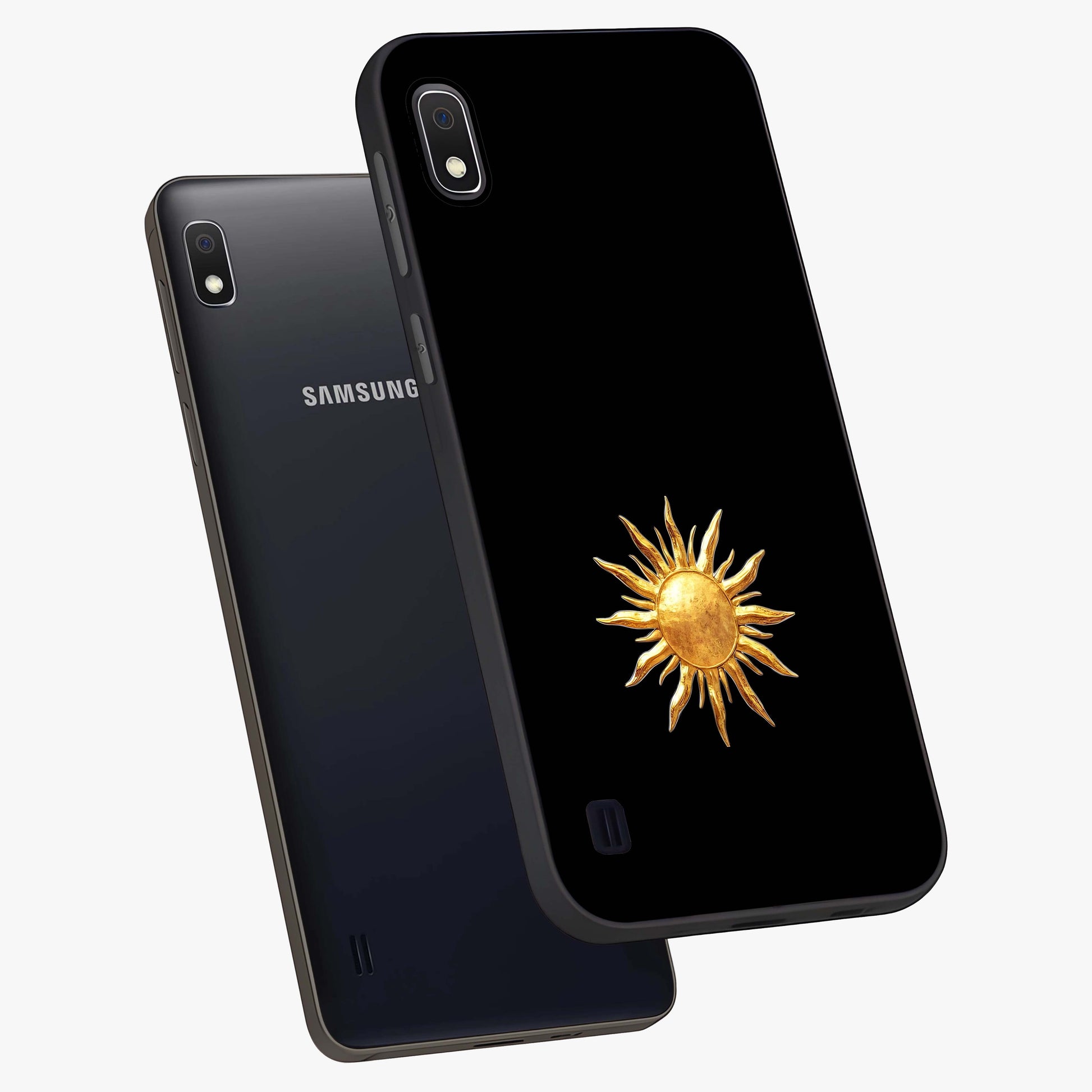 Golden Sun Minimalism Glass Case displayed in angled mockup highlighting eerie shadow illustration with gothic aesthetic.
