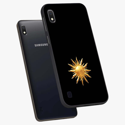 Golden Sun Minimalism Glass Case displayed in angled mockup highlighting eerie shadow illustration with gothic aesthetic.