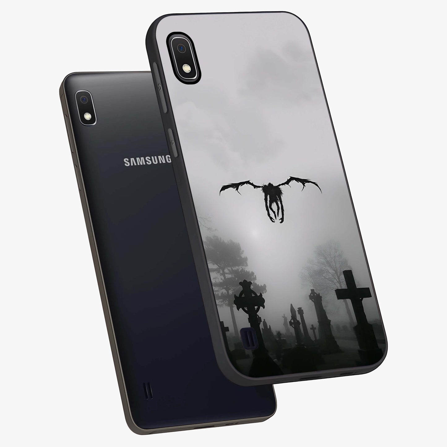 Graveyard Shadow Descent Glass Case displayed in angled mockup highlighting eerie shadow illustration with gothic aesthetic.