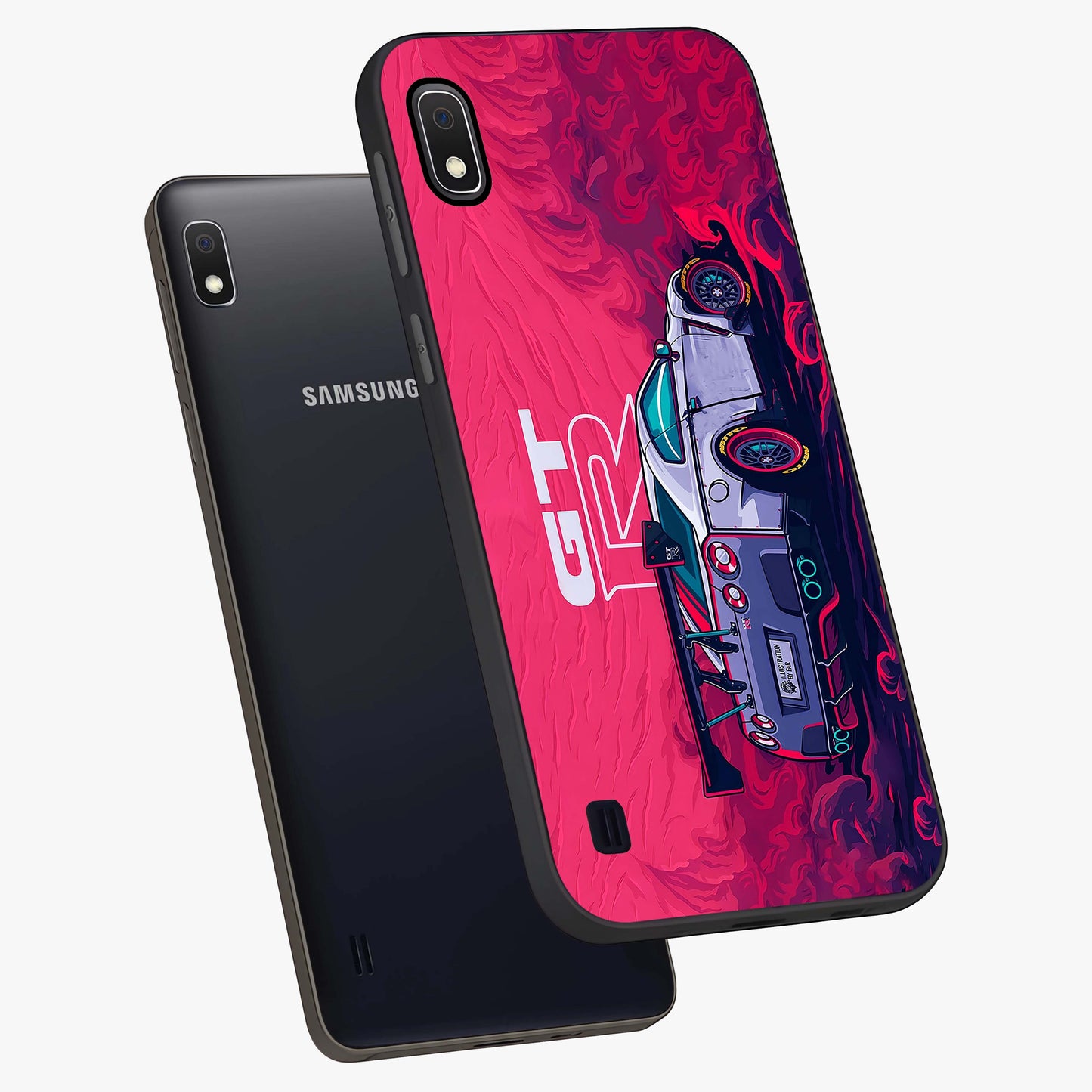 GT-R Car Pattern Glass Case displayed in angled mockup highlighting racing car graphic design with bold automotive aesthetic.