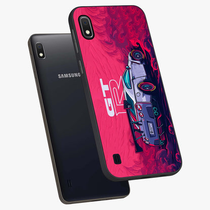 GT-R Car Pattern Glass Case displayed in angled mockup highlighting racing car graphic design with bold automotive aesthetic.
