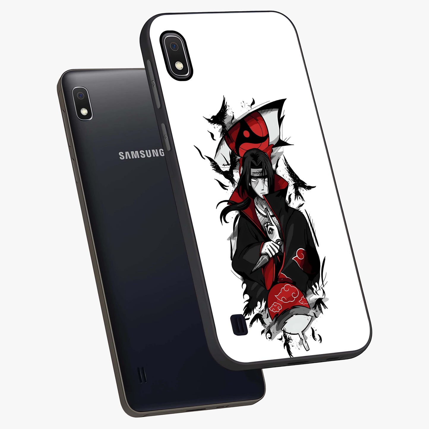 Itachi Limited Edition Naruto Anime Glass Case displayed in angled mockup highlighting dramatic anime illustration with bold action aesthetic.