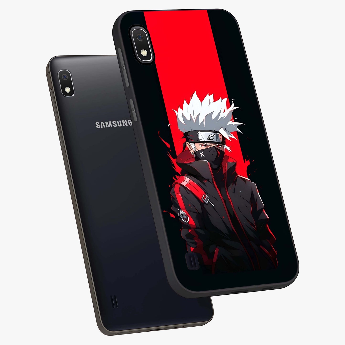 Kakashi Scarlet Shadow Glass Case displayed in angled mockup highlighting dramatic ninja illustration with scarlet themed aesthetic.