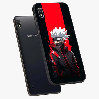 Kakashi Scarlet Shadow Glass Case displayed in angled mockup highlighting dramatic ninja illustration with scarlet themed aesthetic.