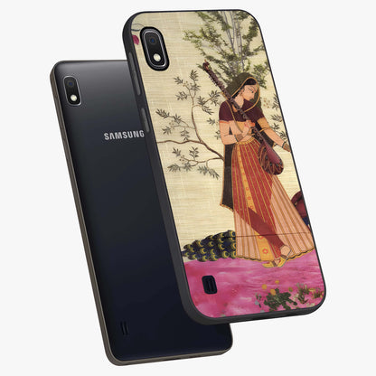 Lady With Veena Art Glass Case displayed in angled mockup highlighting graceful musical illustration with cultural artistic aesthetic.