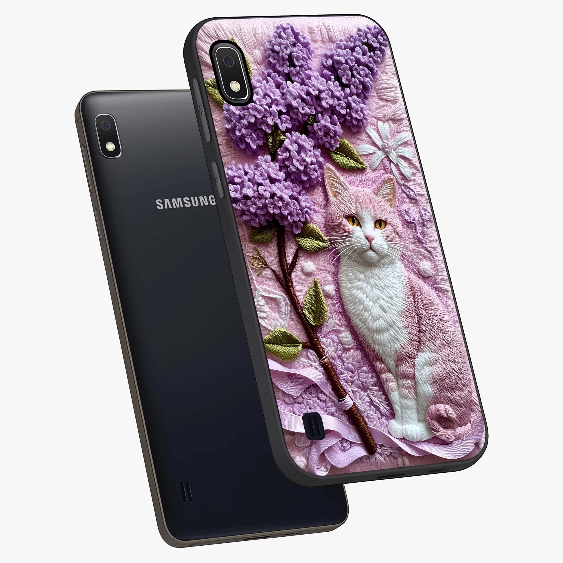 Lavender Cat Whimsy Glass Case displayed in angled mockup highlighting playful feline illustration with pastel lavender aesthetic.