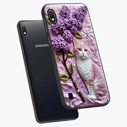 Lavender Cat Whimsy Glass Case displayed in angled mockup highlighting playful feline illustration with pastel lavender aesthetic.