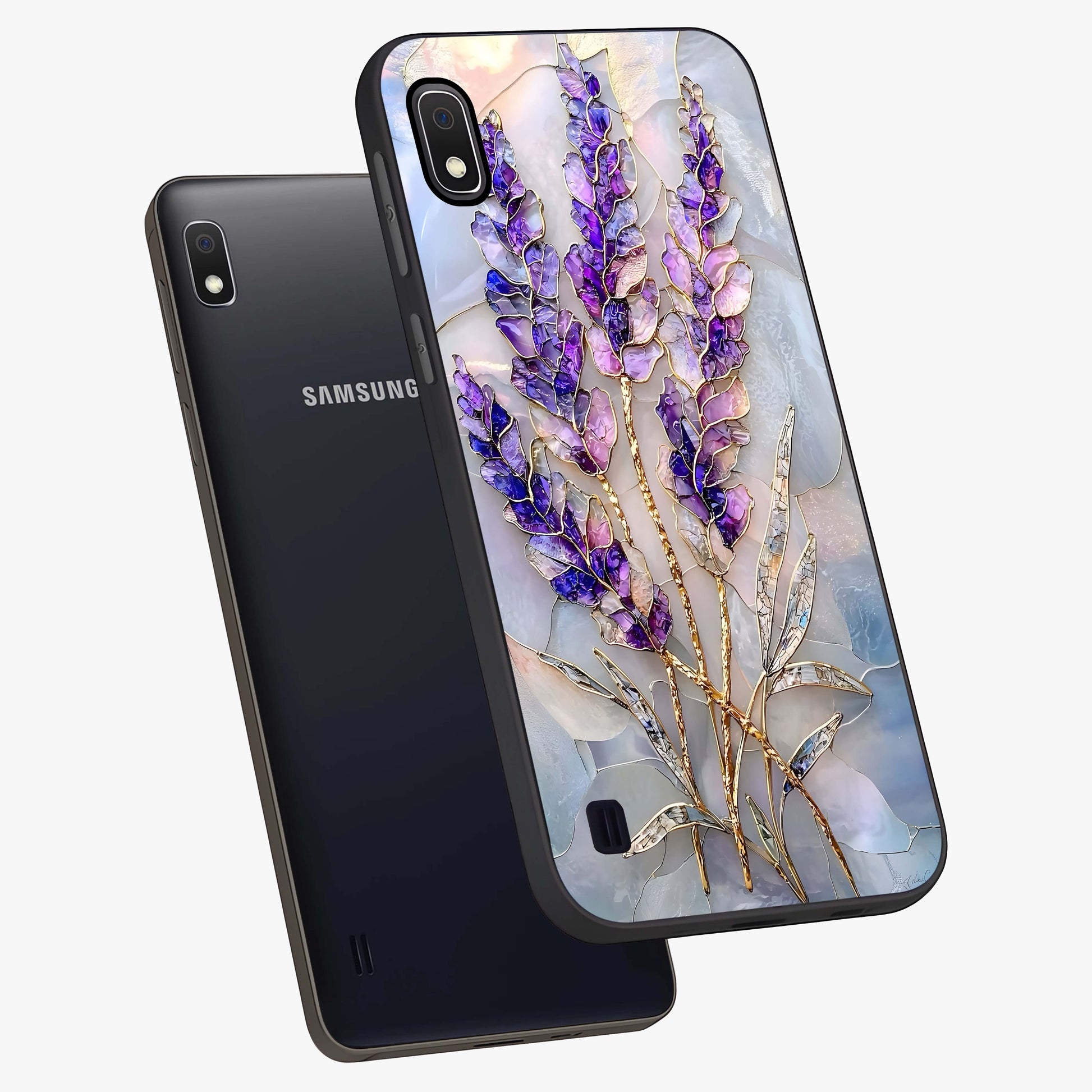 Lavender Dream Glow Glass Case displayed in angled mockup highlighting dreamy purple glow design with soft artistic style.