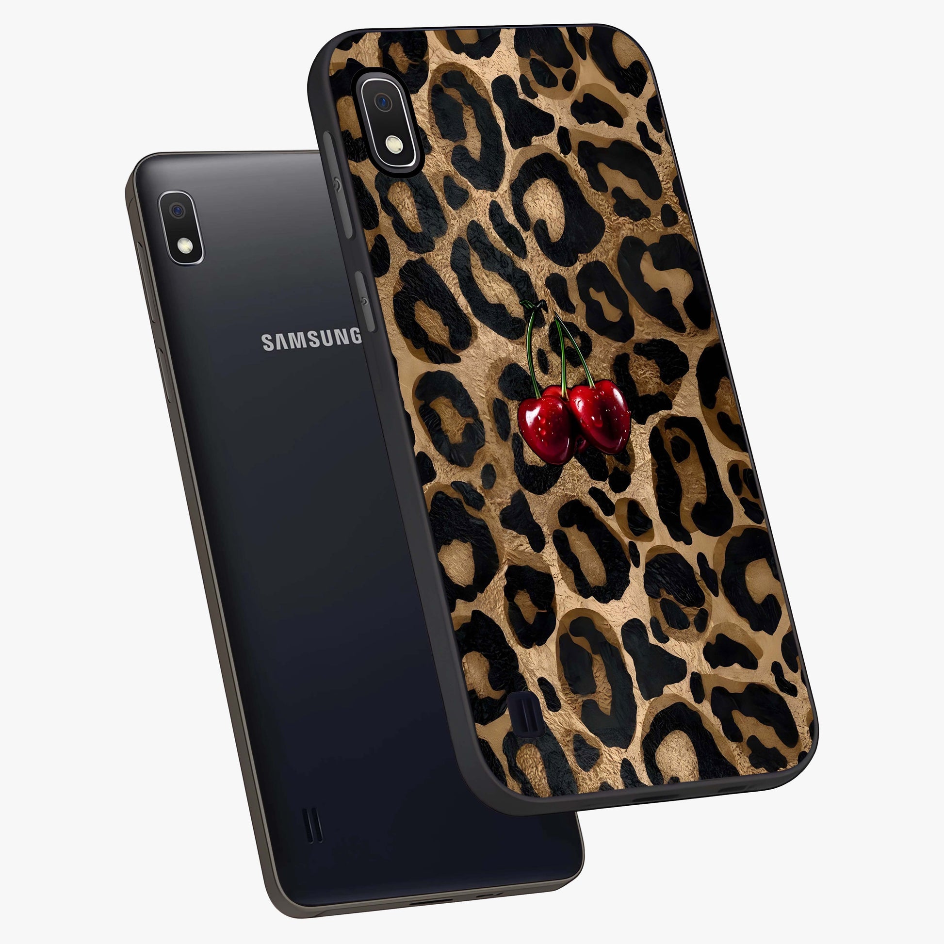 Leopard Wild Cherry Glass Case displayed in angled mockup highlighting bold animal print design with playful cherry aesthetic.