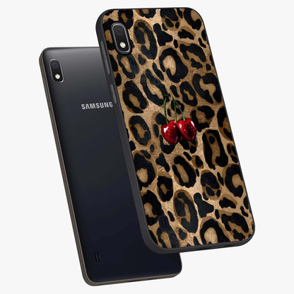 Leopard Wild Cherry Glass Case displayed in angled mockup highlighting bold animal print design with playful cherry aesthetic.