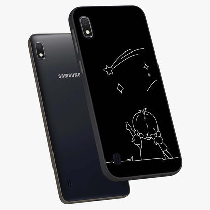 Line Art Girl With Shooting Stars Glass Case displayed in angled mockup highlighting elegant line art design with dreamy star aesthetic.