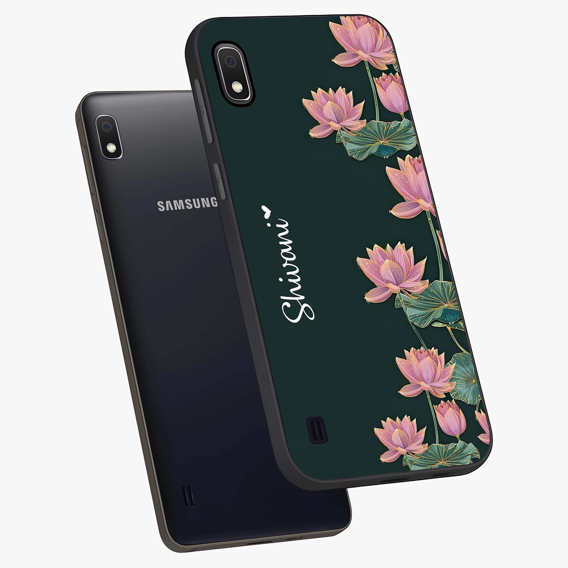 Lotus Bloom Serenity Custom Name Glass Case displayed in angled mockup highlighting graceful lotus illustration with custom name feature.