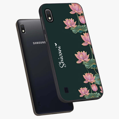 Lotus Bloom Serenity Custom Name Glass Case displayed in angled mockup highlighting graceful lotus illustration with custom name feature.