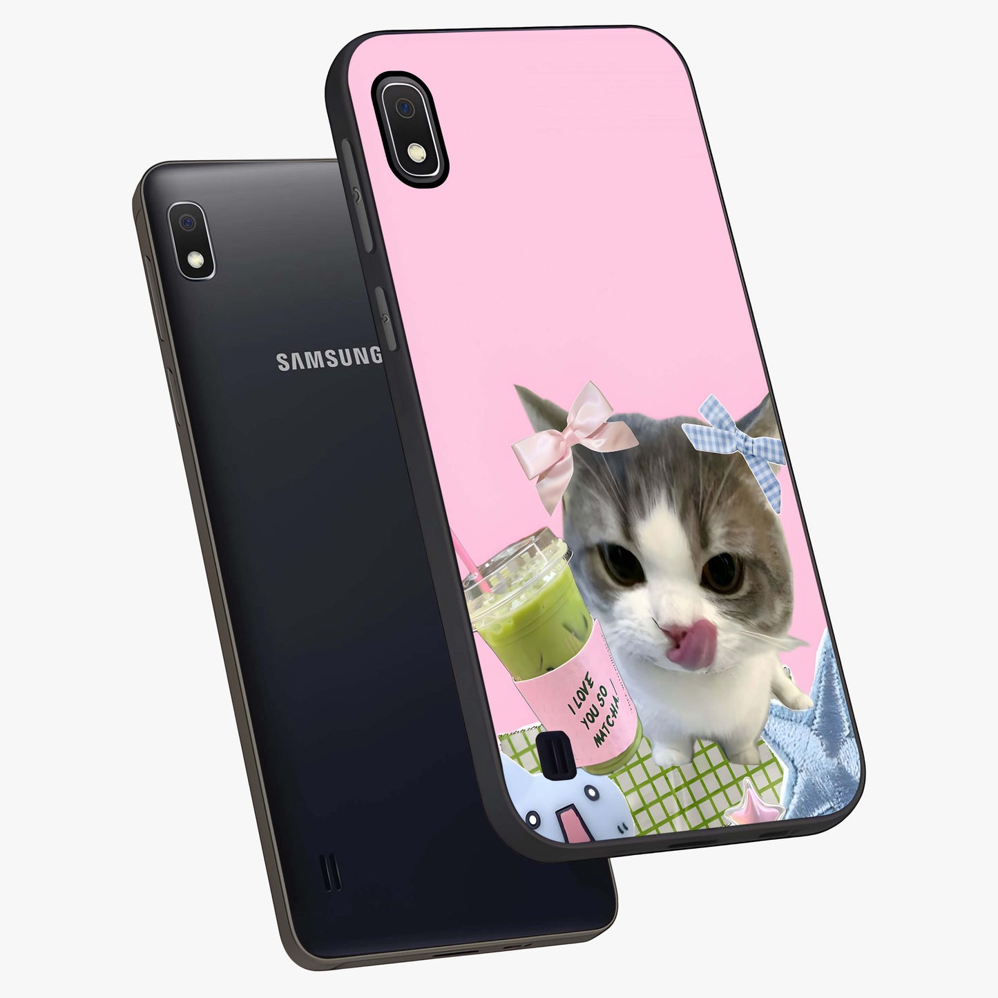 Love Matcha Cat Glass Case displayed in angled mockup highlighting playful feline illustration with cozy matcha aesthetic.