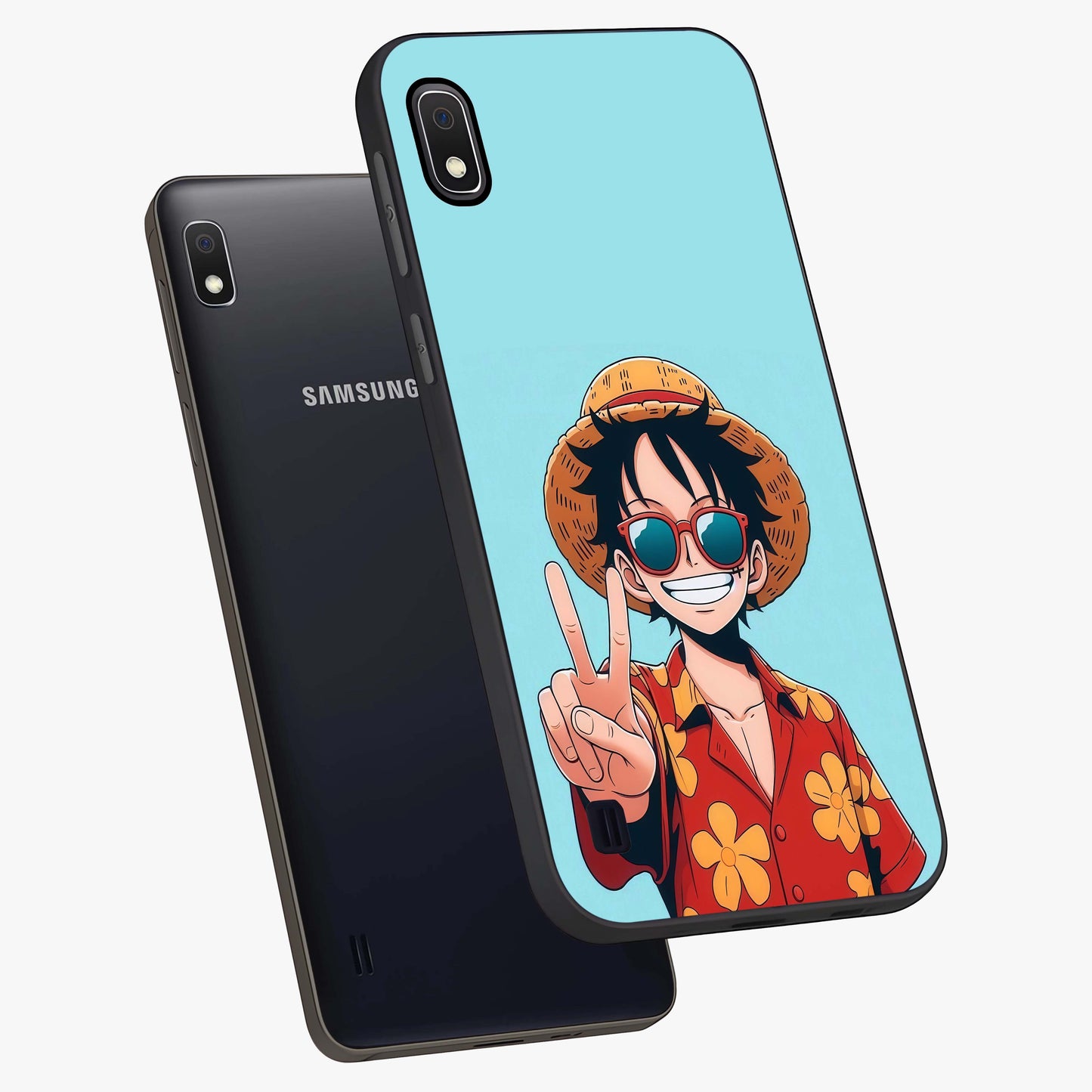 Luffy Summer Anime Vibe Glass Case displayed in angled mockup highlighting energetic anime illustration with summer vibe aesthetic.