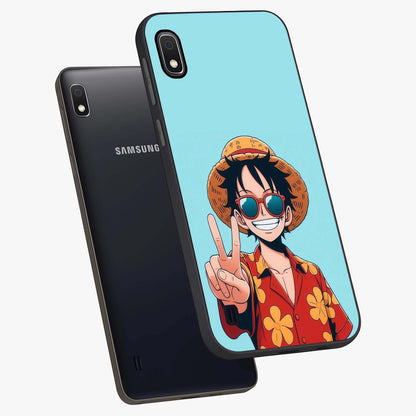 Luffy Summer Anime Vibe Glass Case displayed in angled mockup highlighting energetic anime illustration with summer vibe aesthetic.