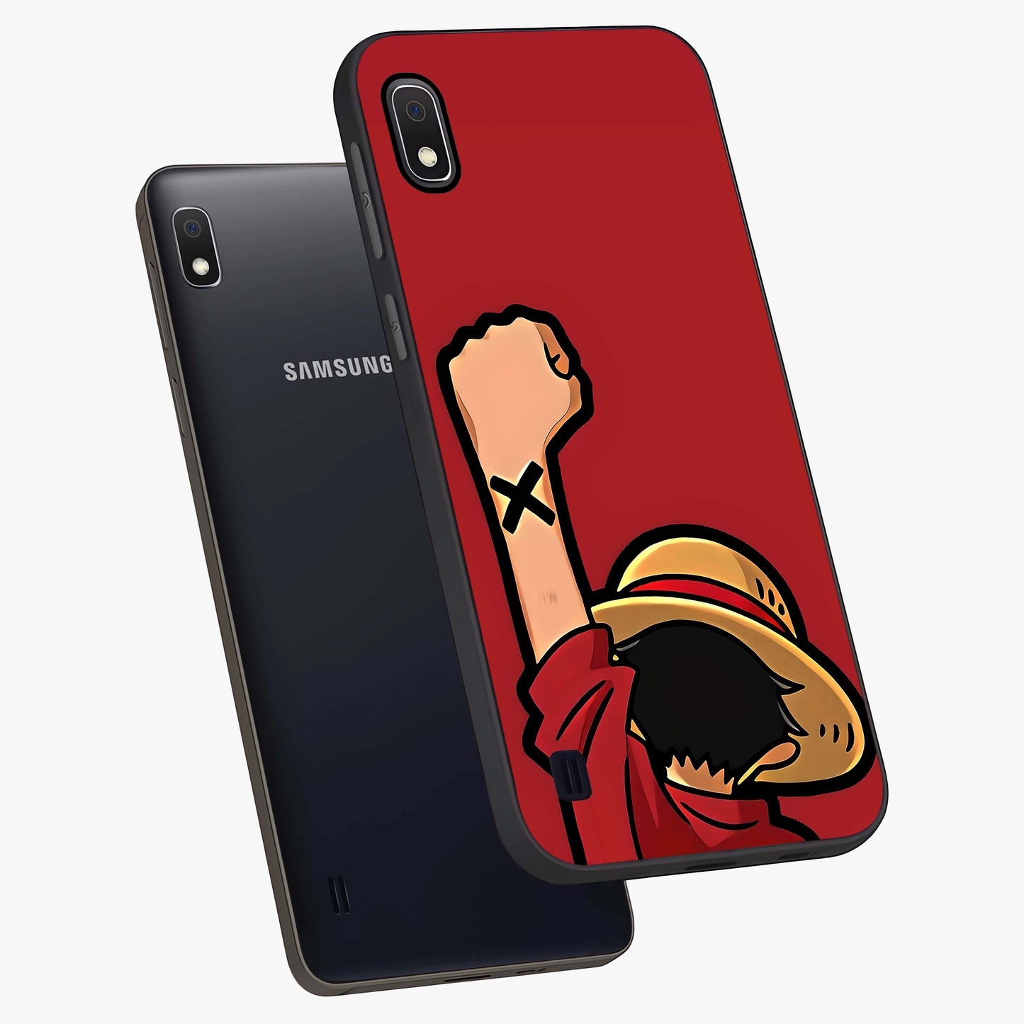Luffy X Spirit Glass Case displayed in angled mockup highlighting powerful anime design with energetic action aesthetic.