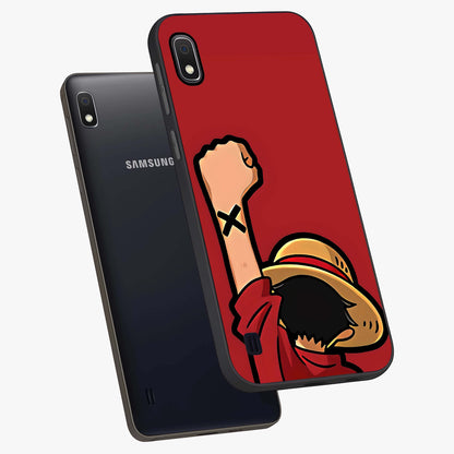 Luffy X Spirit Glass Case displayed in angled mockup highlighting powerful anime design with energetic action aesthetic.