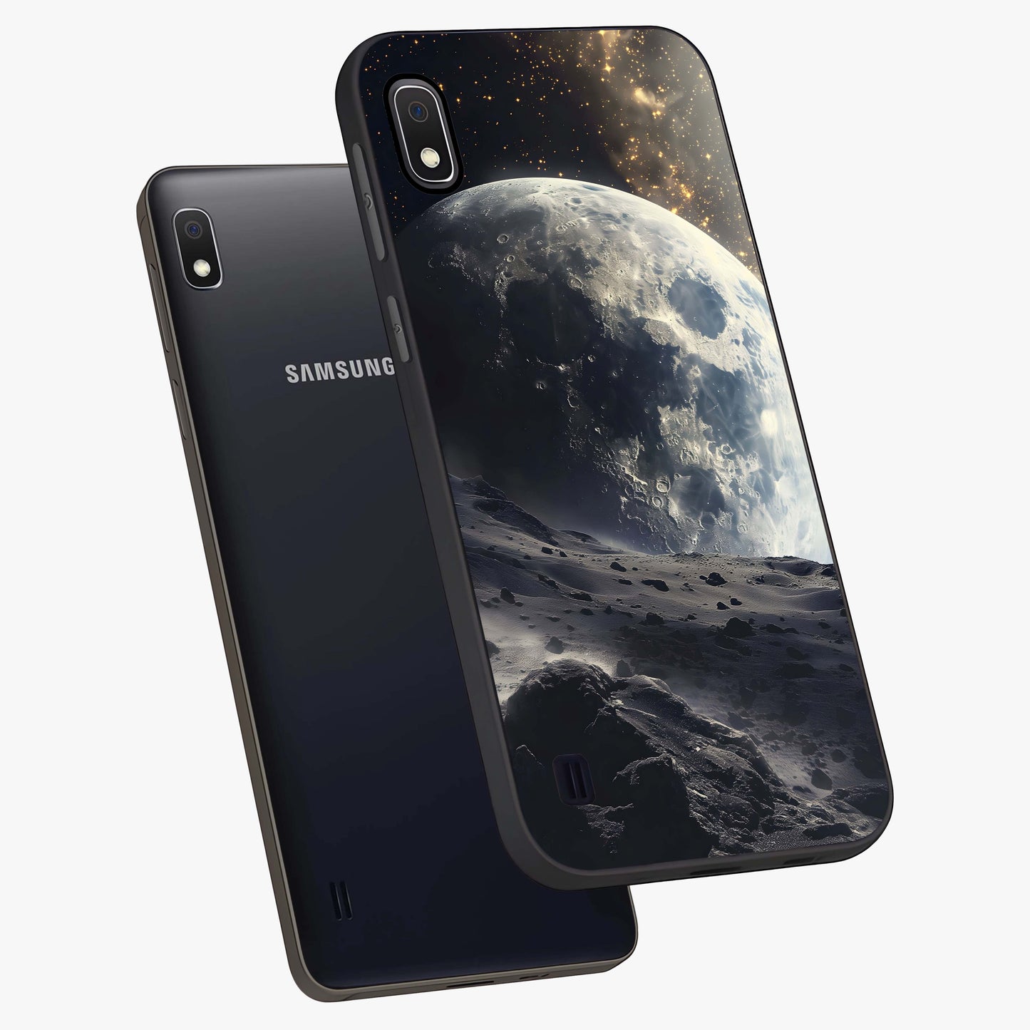 Lunar Horizon Glow Glass Case displayed in angled mockup highlighting celestial moon design with dreamy night aesthetic.