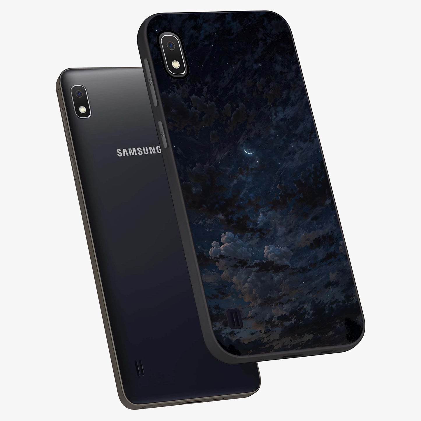 Lunar Veil Silence Glass Case displayed in angled mockup highlighting soft lunar design with peaceful celestial aesthetic.