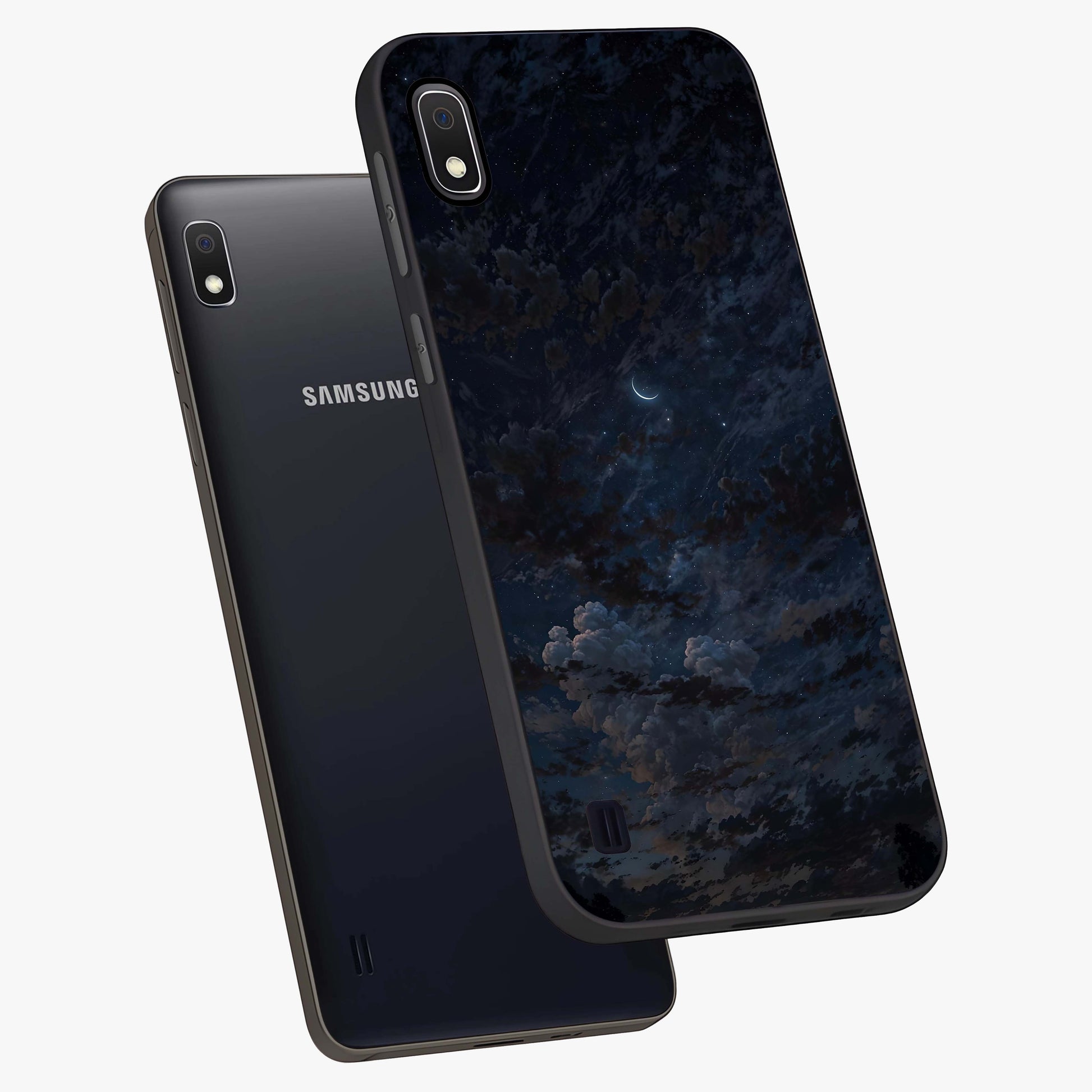 Lunar Veil Silence Glass Case displayed in angled mockup highlighting soft lunar design with peaceful celestial aesthetic.