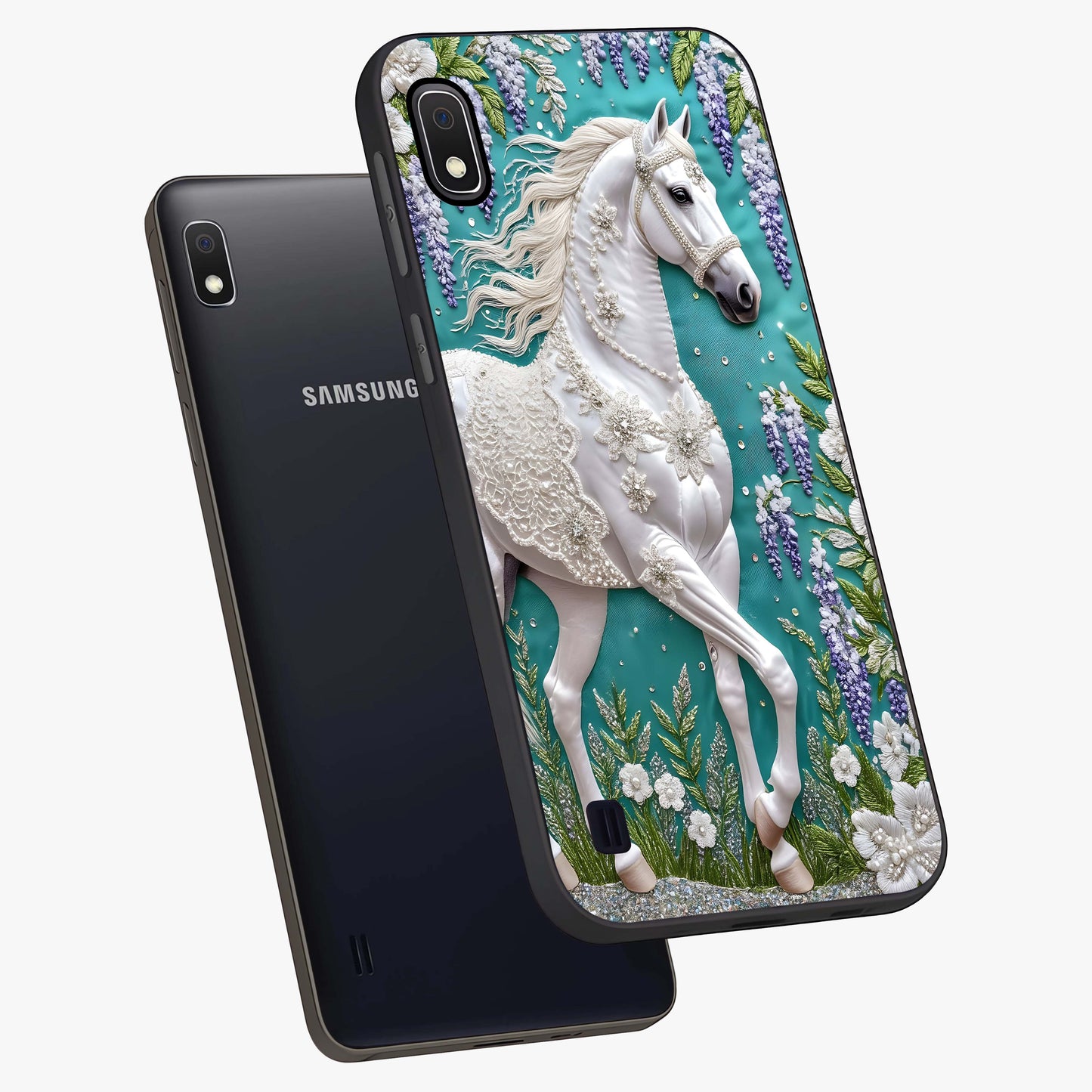 Majestic Floral Stallion Glass Case displayed in angled mockup highlighting majestic stallion illustration with elegant floral aesthetic.