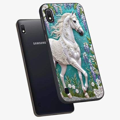 Majestic Floral Stallion Glass Case displayed in angled mockup highlighting majestic stallion illustration with elegant floral aesthetic.