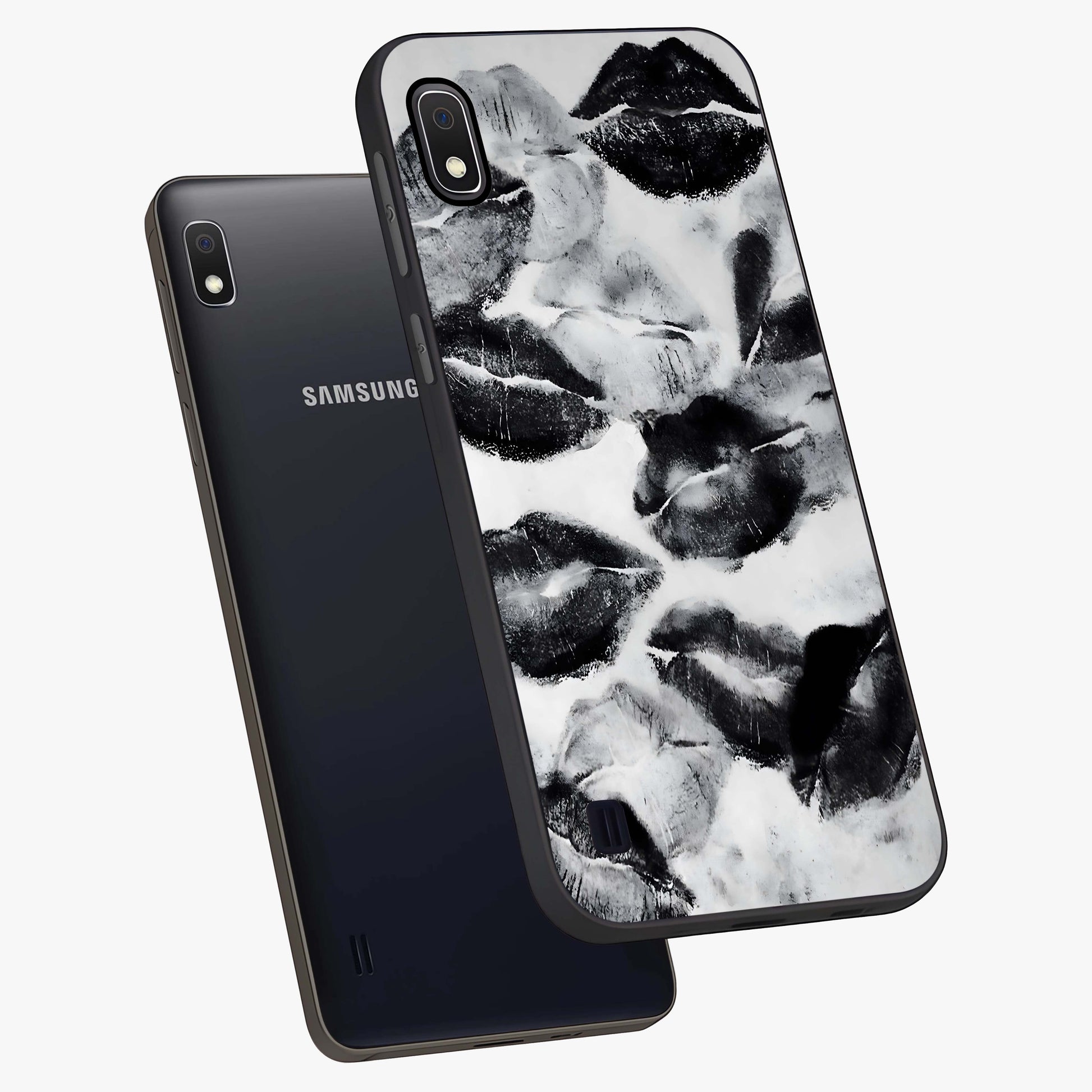 Midnight Kiss Marks Glass Case displayed in angled mockup highlighting playful romantic design with bold midnight aesthetic.