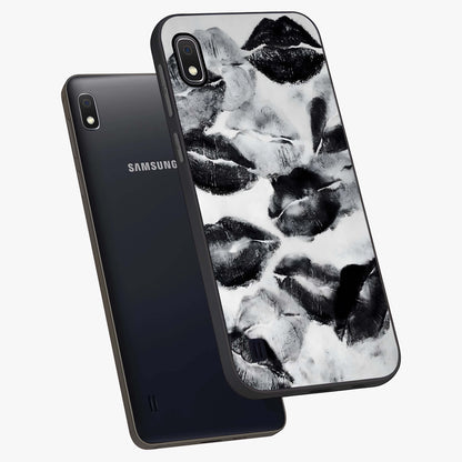 Midnight Kiss Marks Glass Case displayed in angled mockup highlighting playful romantic design with bold midnight aesthetic.
