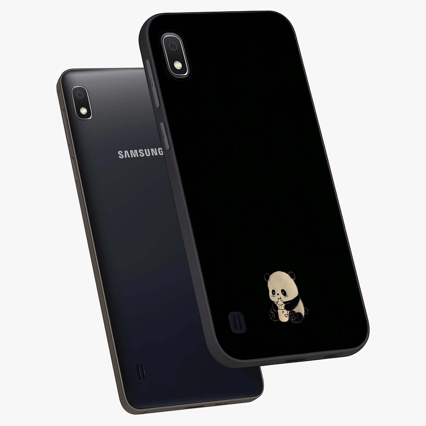 Midnight Panda Love Glass Case displayed in angled mockup highlighting adorable panda illustration with midnight aesthetic.