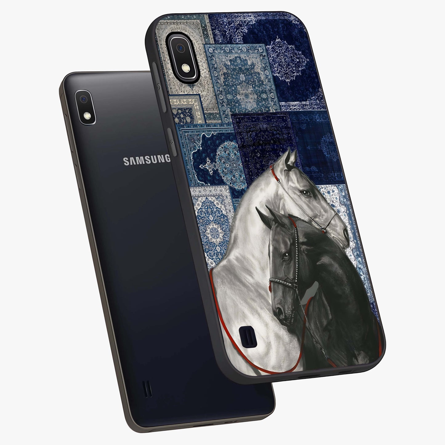 Midnight Stallion Blues Glass Case displayed in angled mockup highlighting powerful stallion illustration with deep midnight tones.